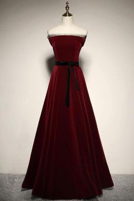 Burgundy Velvet Long Prom Dress Formal Dress