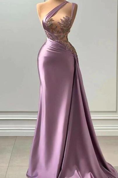 High Quality One Shoulder Purple Prom Dresses