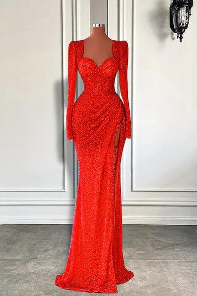 Mermaid Style Long Red Long Sleeve Evening Dress With High Slit