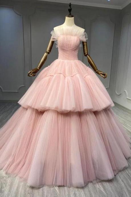 Mermaid Pink Tulle Long Prom Dresses