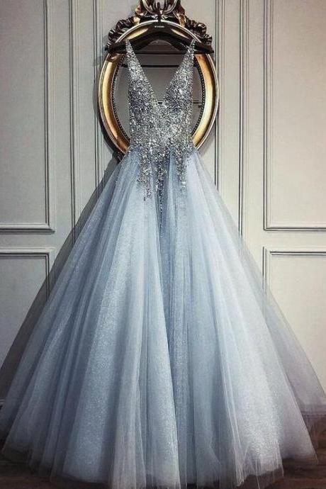 A Line V Neck Beaded Sequins Blue Tulle Long Prom Dresses
