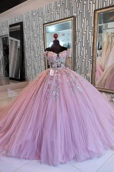 Off Shoulder Pink Tulle Prom Dress With Lace