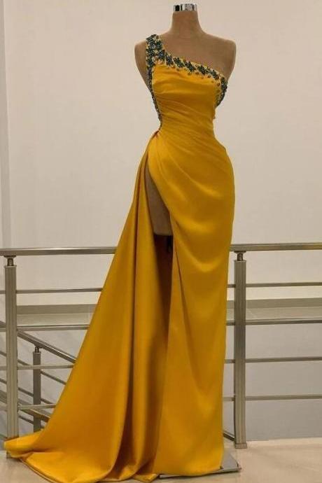 One Shoulder Yellow Slit Long Prom Dress With Beads