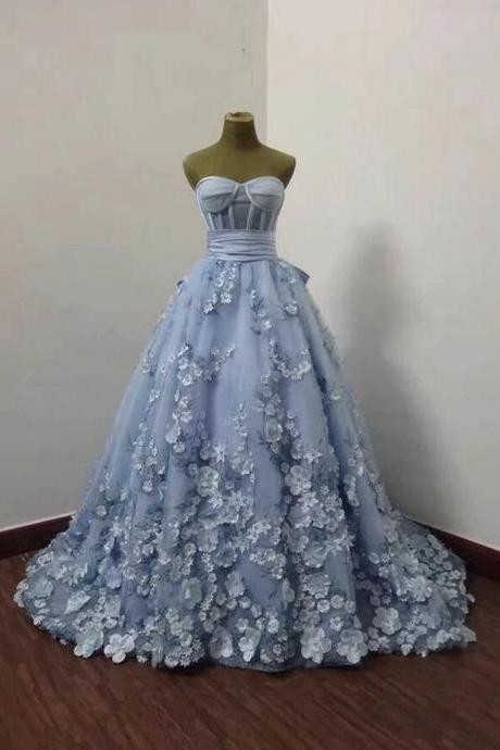 Gorgeous A Line Blue Tulle Long Prom Dress With Applique