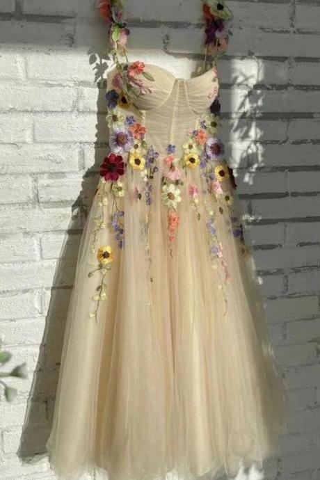 Light Champagne Floor-length Evening Gowns With 3d Flowers