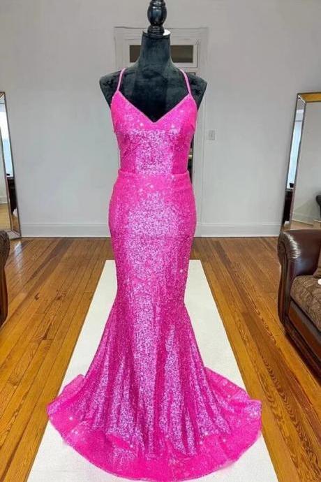 Mermaid Pink Sequins V Neck Prom Dresses