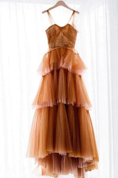 Off The Shoulder Orange Tulle Tiered Long Prom Dresses