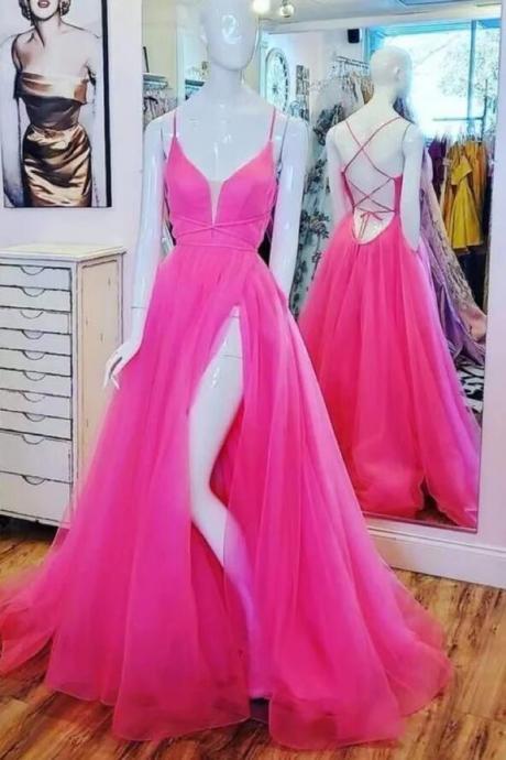 Gorgeous Pink Tulle A Line V-neck Long Prom Dresses
