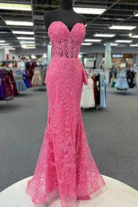 Pink Lace Prom Dresses With Appliques