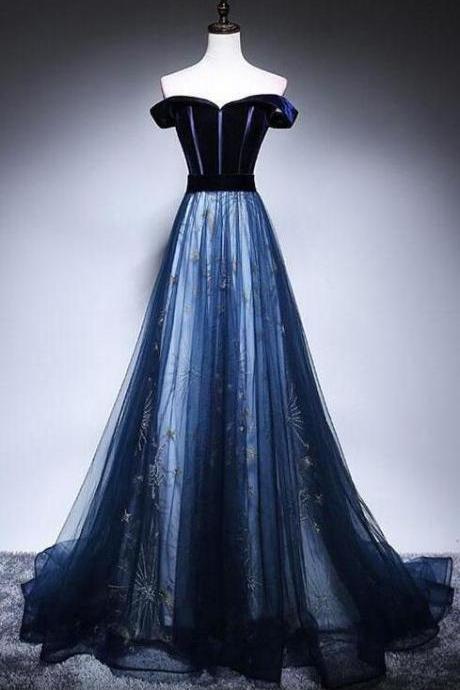 Elegant Off The Shoulder Dark Blue Velvet Tulle Long Prom Dresses