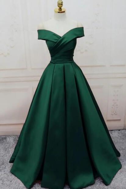 Off The Shoulder Emerald Green Long Satin Evening Dresses