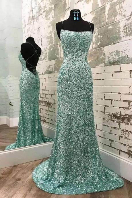 Mint Green Sequins Long Prom Dresses