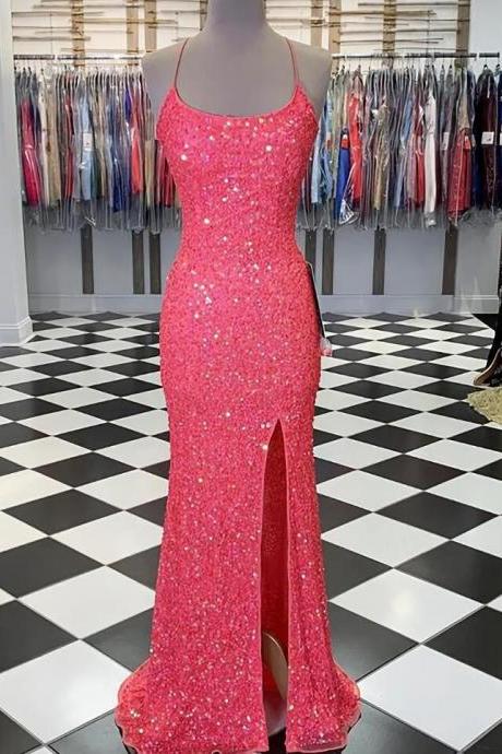 Spaghetti Straps Coral Pink Sequin Prom Dress With Slit
