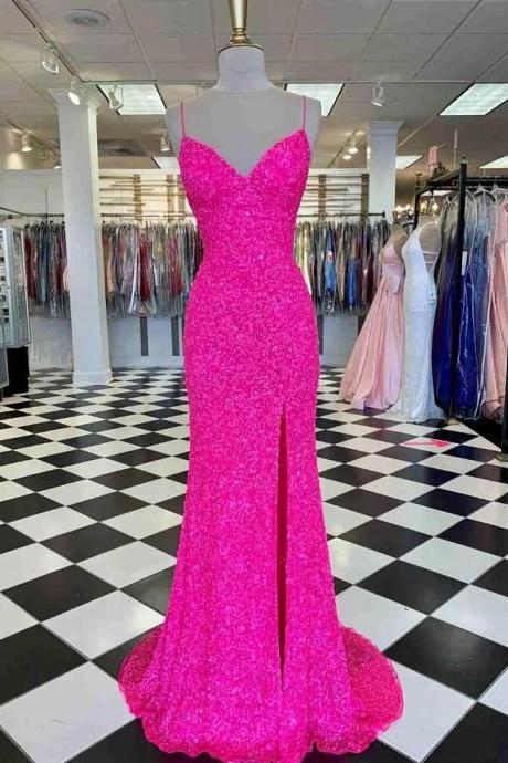 Pink Straps Sequin Prom Dress With Slit