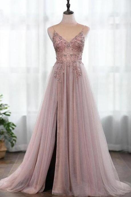 Spaghetti Straps Dusty Pink Beading Tulle Prom Dress