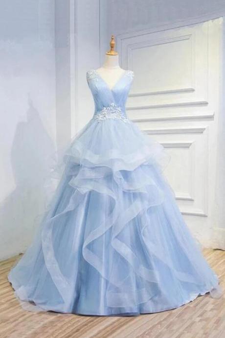 Mermaid Puffy V Neck Sleeveless Tulle Prom Dress With Appliques