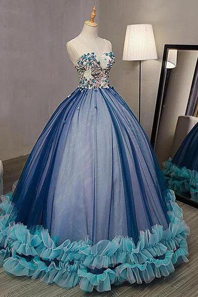 Ball Gown V Neck Sleeveless Blue Tulle Prom Dress With Appliqued