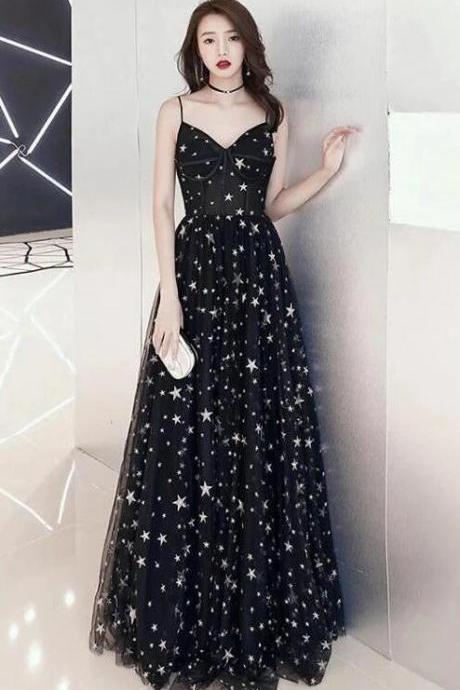 Spaghetti Straps A Line Tulle Prom Dress With Stars
