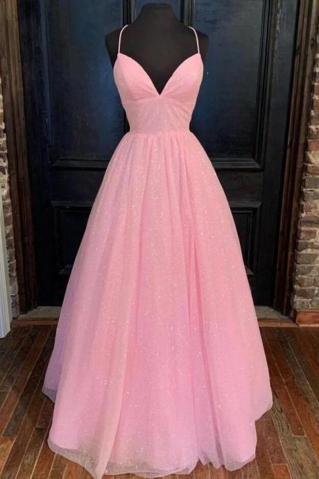 Empire A Line Pink Shiny Tulle Long Prom Dress