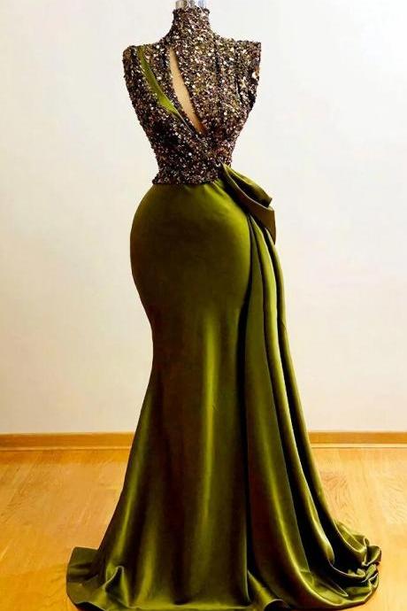 Vintage Green Stain Prom Dresses Sequin Evening Dresses Long
