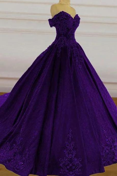 Off The Shoulder Purple Lace Ball Gown Prom Dresses