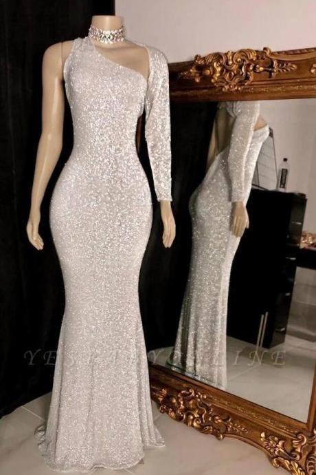 One Shoulder Silver Floor Length Sparkly Prom Dresses