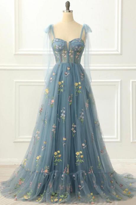 Princess A-line Grey Blue Prom Dresses