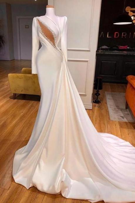 Sexy Long Sleeve Satin Prom Dress, Prom Dress
