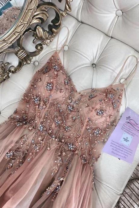 A Line Straps Rose Gold Tulle Long Evening Dress With Beaded