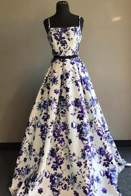 Two Piece Spaghetti Straps Floor Length Printed Prom Dress