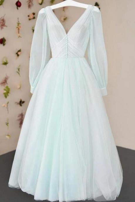 Simple V Neck Tulle Tea Length Prom Dresses