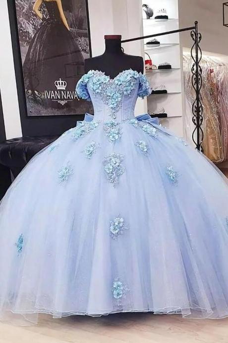 Ball Gown Sky Blue Tulle Prom Dresses