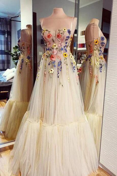 Spaghetti Straps Tulle Floor Length Long Prom Dress With Flowers