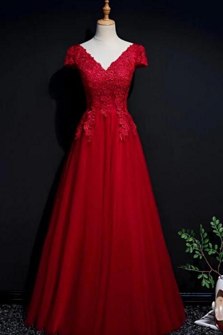 A Line Red Tulle Cap Sleeves Long Prom Dress