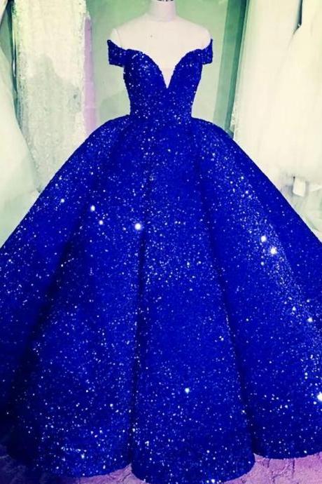 Off The Shoulder Sequin Ball Gown Prom Dresses