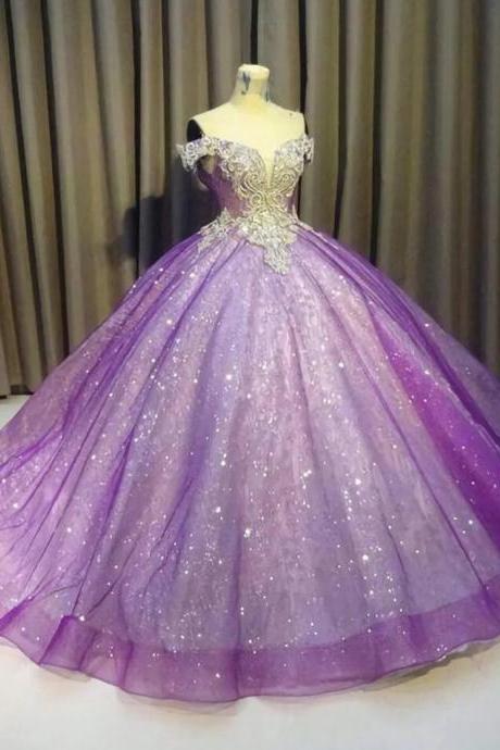 Off The Shoulder Ball Gown Bling Bling Purple Prom Dresses