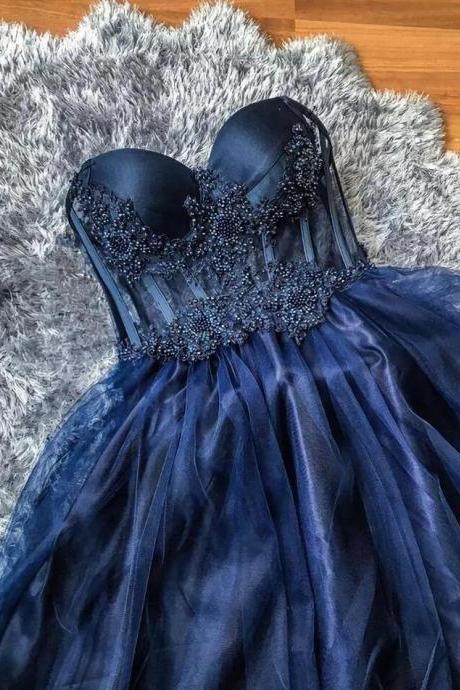 A Line Sweetheart Ball Gown Formal Navy Blue Evening Dress