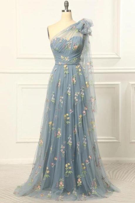 One Shoulder A Line Tulle Blue Prom Dress With Embroidery