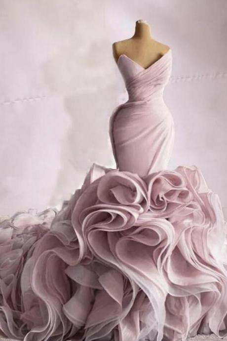 Mermaid Organza Pink Prom Evening Gown