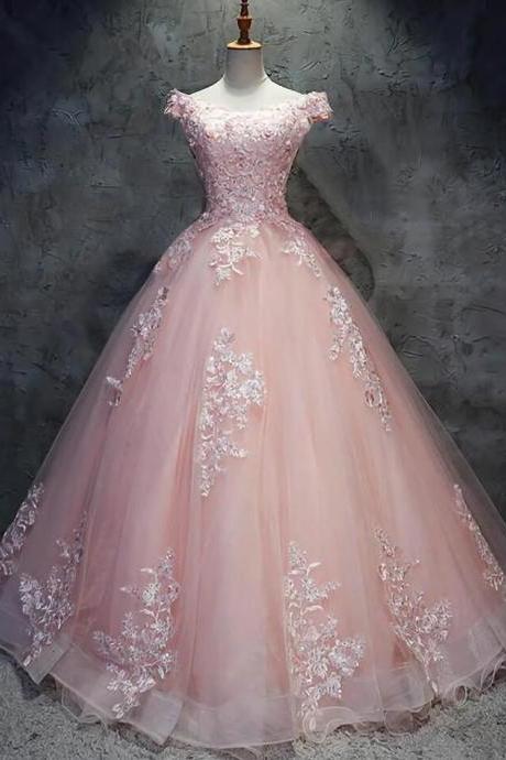 Ball Gown Pink Cap Sleeves Tulle With Lace Sweet 16 Prom Dresses