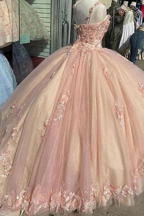 Pink Sparkly Quinceanera Tulle Party Ball Gown Prom Dresses