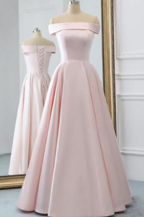 A Line Pink Satin Long Evening Dress With Pockets