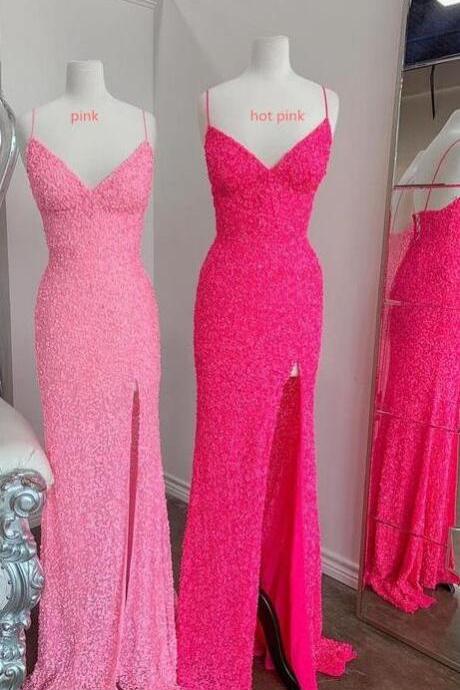 A Line Pink Long Party Dress Sequin Prom Dresses