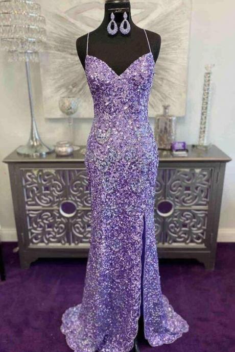 Glitter Lavender Sequins Long Formal Prom Dress With Slit