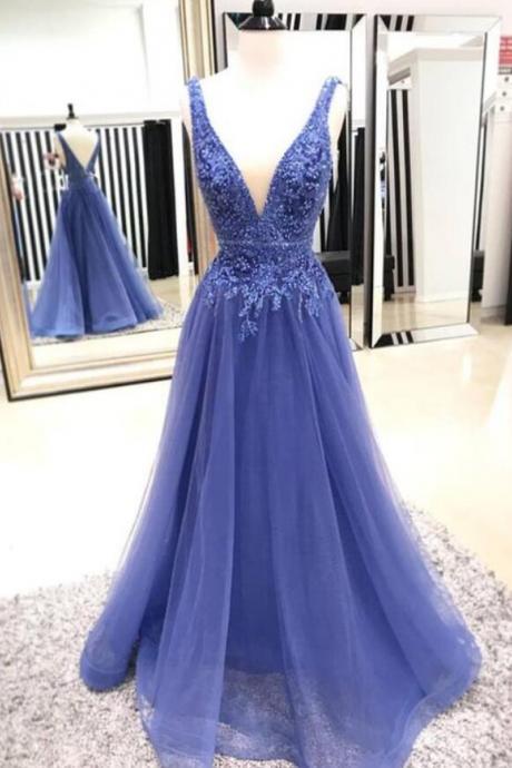 A Line V-neck Beaded Tulle Lace Prom Dresses