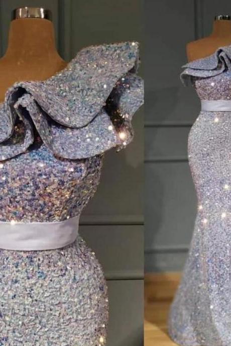 Long Fitted Silver Sequins Dress, Shimmery Prom Dresses