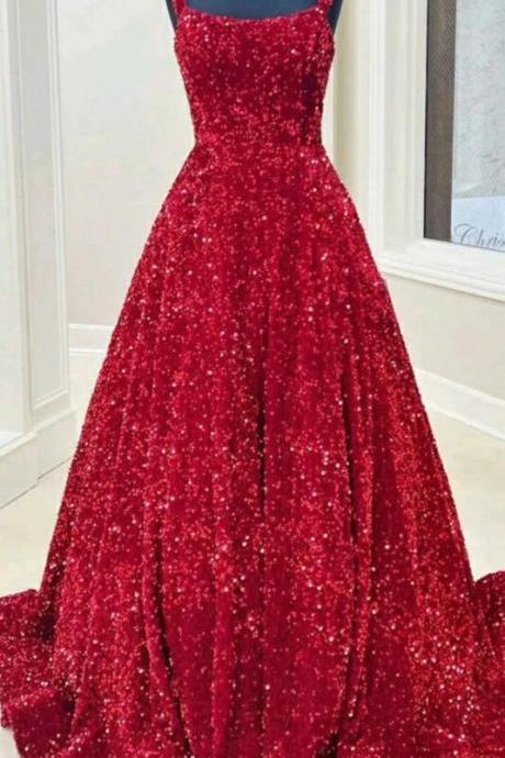 A Line Red Square Neck Sequin Prom Dresses