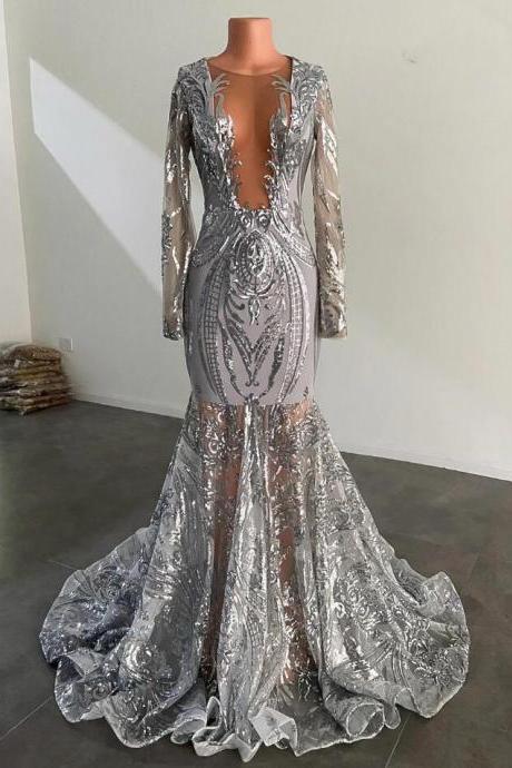 Mermaid Round Neck Sliver Prom Dresses With Long Sleeves