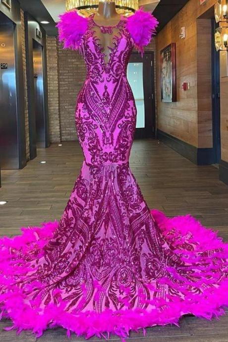 Mermaid Fuchsia Sequined Feather Backless Evening Gowns