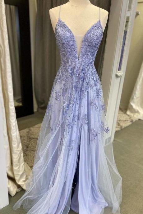 A-line Floral Lace V Neck Prom Dress With Slit